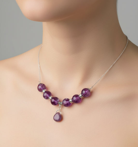 Purple glass bead silver plated chain 20 inches necklace