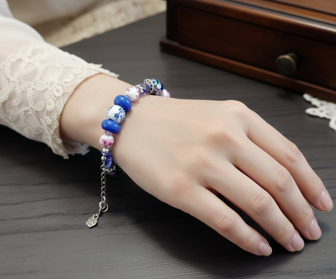 Colorful beaded bracelet on a wooden surface