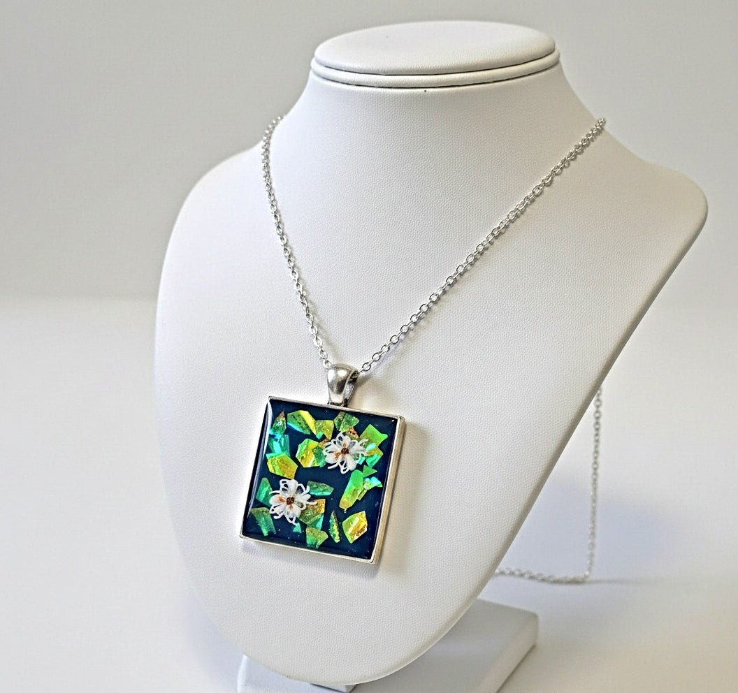 Silver square bezel handcrafted iridescent resin gall Necklace