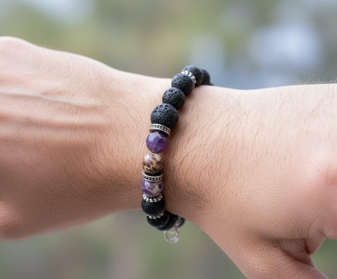 Bracelet with black and multicolored beads on a branch