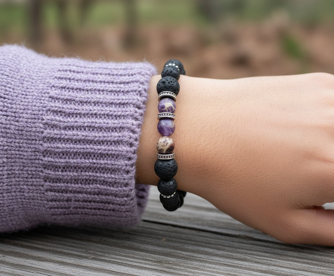 Bracelet with black and multicolored beads on a branch