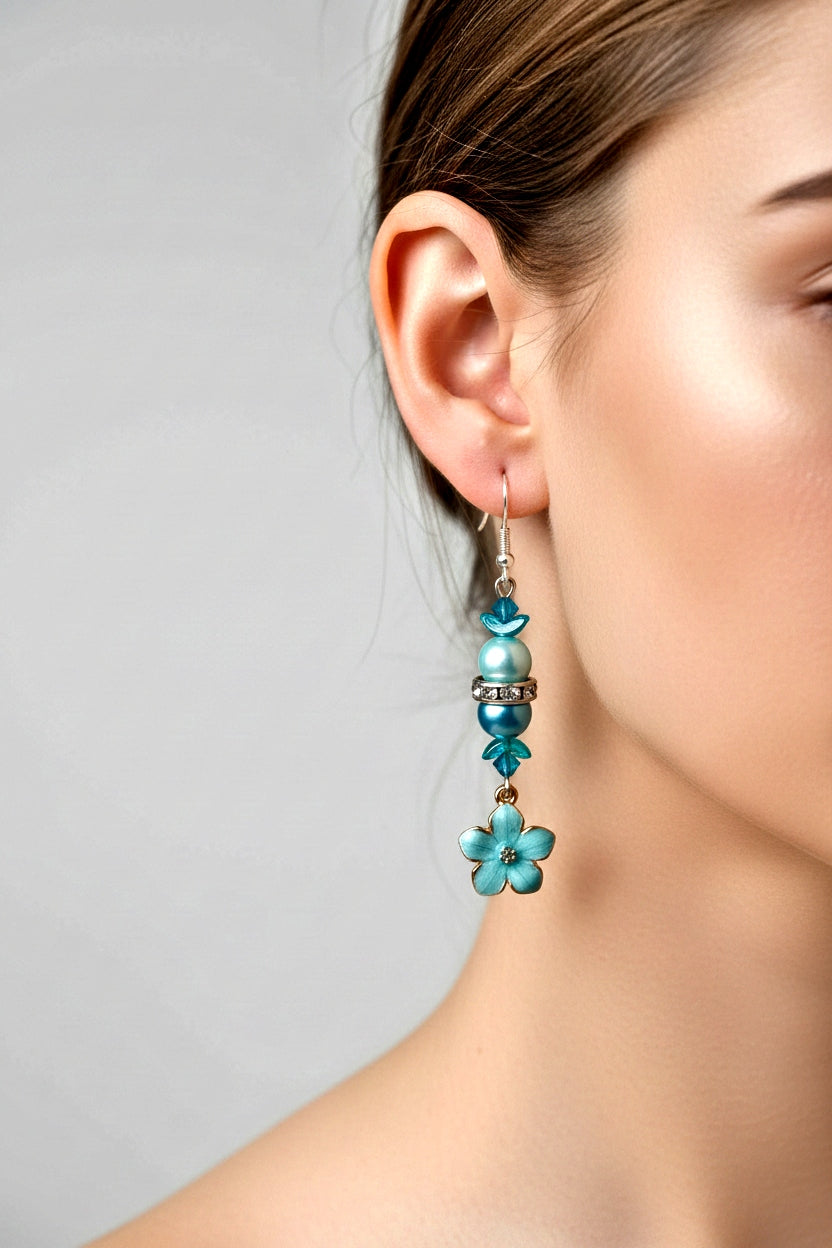 Turquoise Enamel Flower Glass Bead Earrings - 2.5" Statement Jewelry