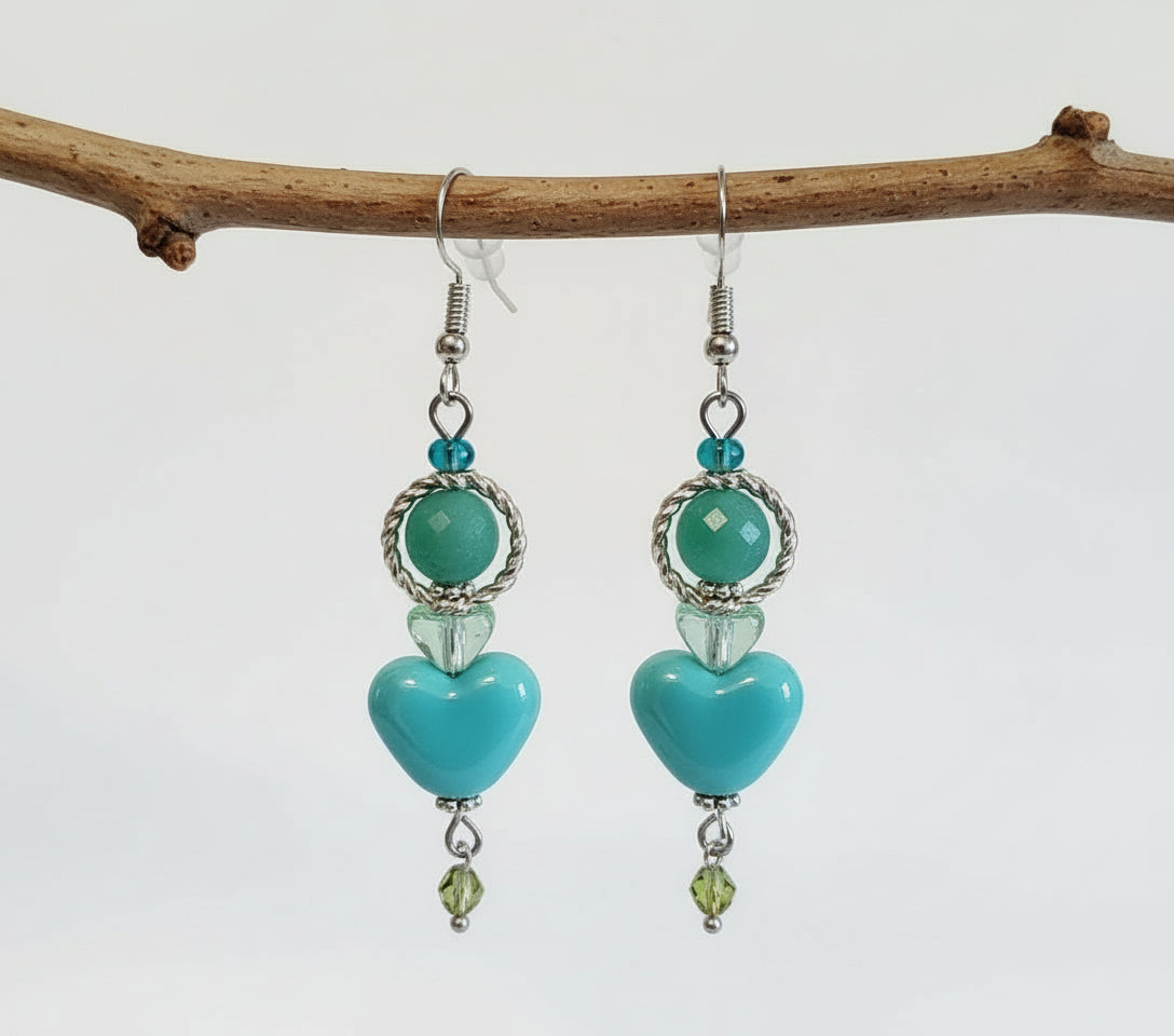 Turquoise ceramic heart silver Earrings 2.5 inches