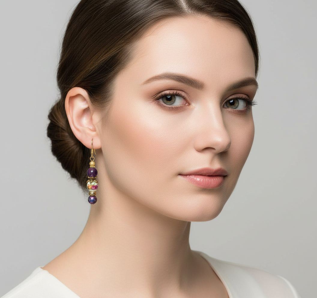 Petite Vintage Earrings - 18kt Gold Plated Porcelain Amethyst Dangle Earrings