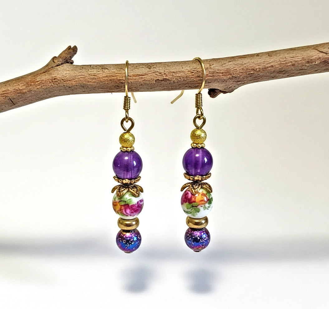 Petite Vintage Earrings - 18kt Gold Plated Porcelain Amethyst Dangle Earrings