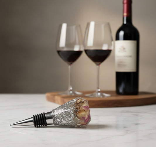 Decorative wine bottle stopper with two glasses and a bottle of red wine in the background.