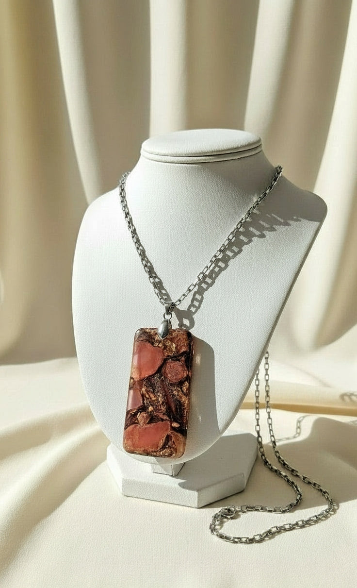 Red stone & gold foil Resin pendant necklace Silver titanium chain 23"