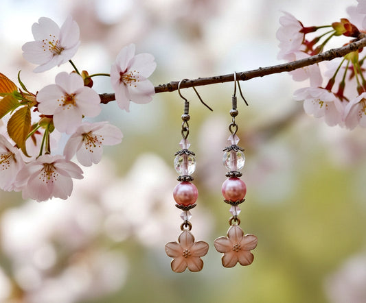 Pink enamel flower glass bead Earrings