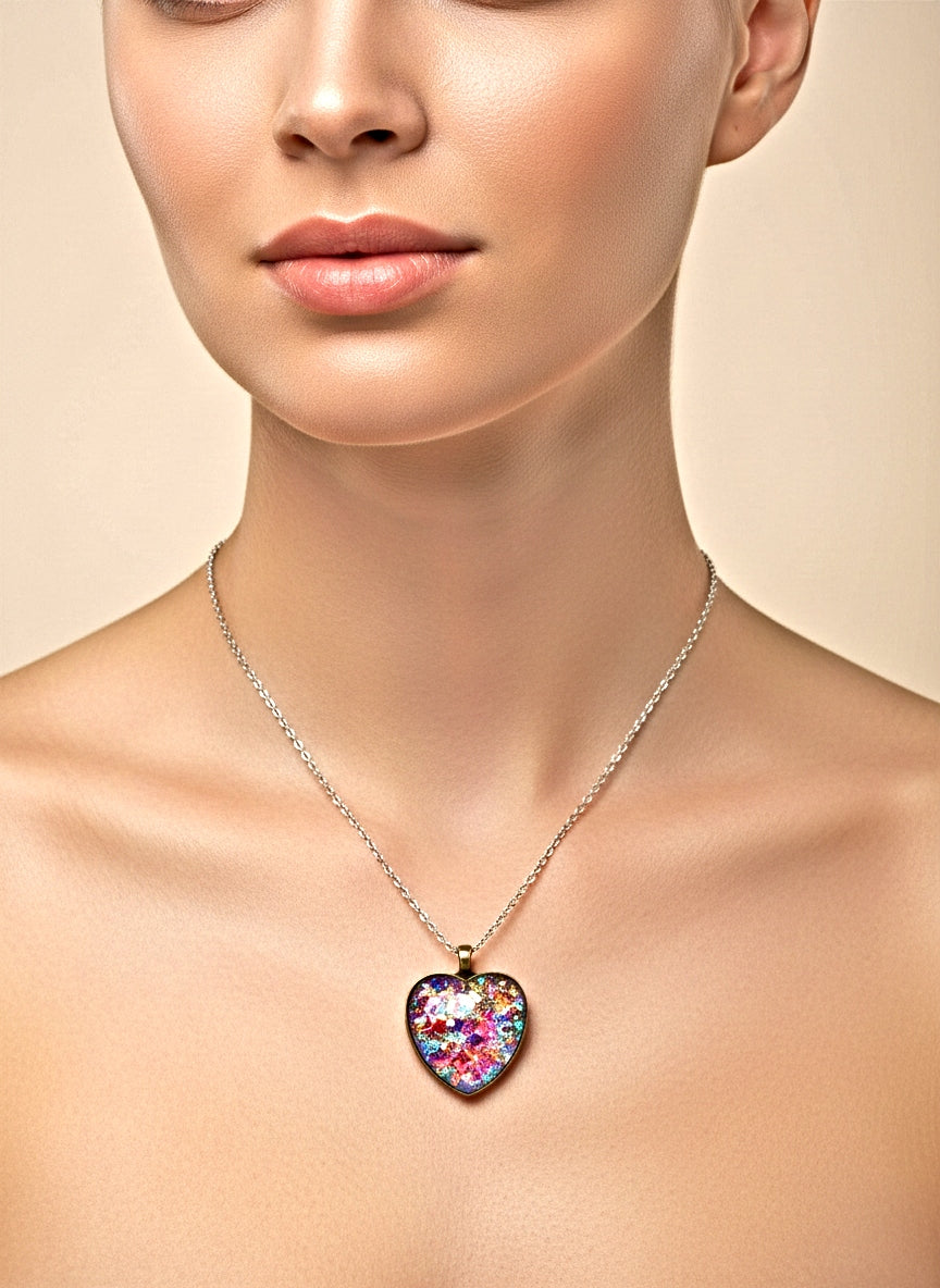 Handcrafted heart pendant glass resin with chain
