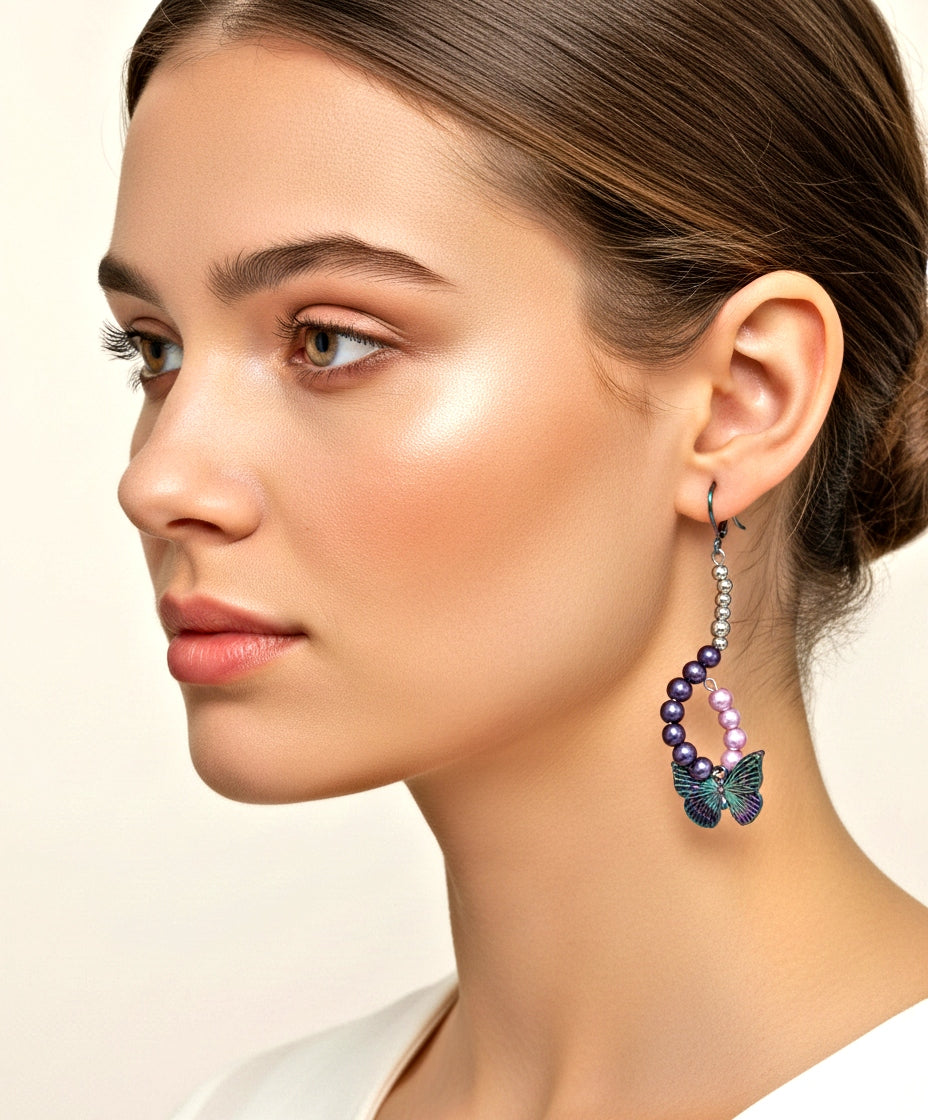 Rainbow Butterfly Earrings - Glass Pearl Dangle Earrings with Ion Plated Charms
