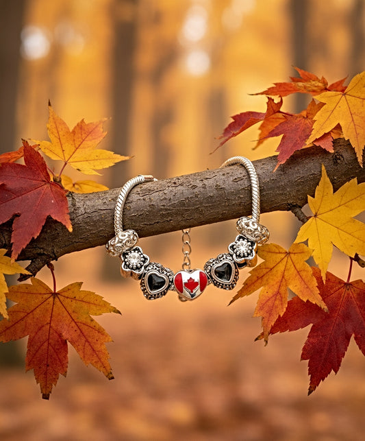Canadian Maple Leaf Euro Bead Bracelet - Silver with Rhinestones | 6-8"