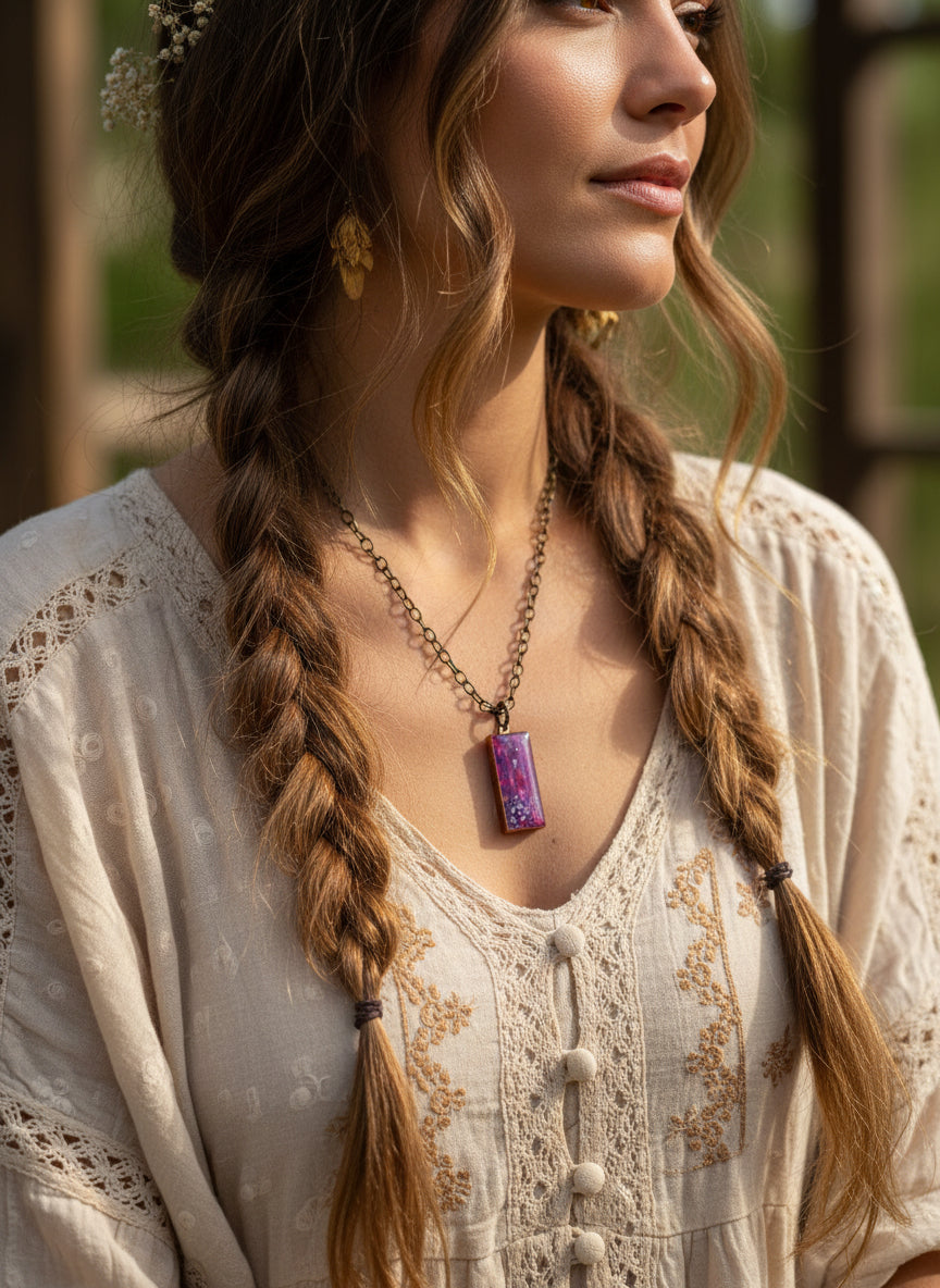 Handcrafted pendant resin flower pink Bronze 32" no clasp