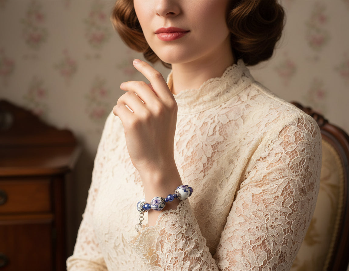 Bracelet with floral beads on a wooden log