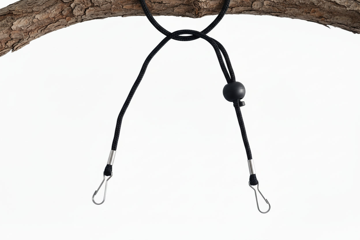 Blue surgical mask with a black lanyard on a white background