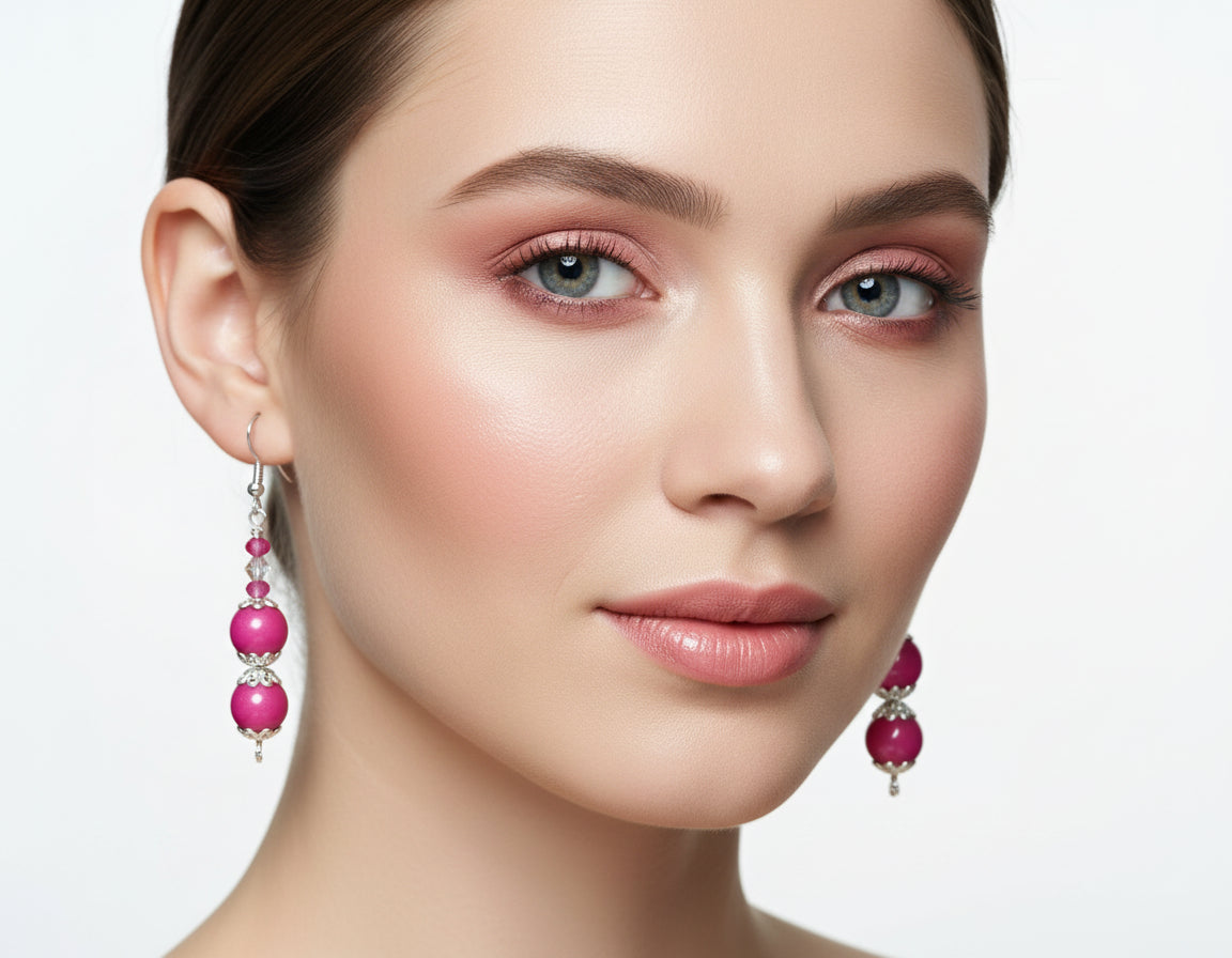 Close-up of a woman wearing pink earrings with a plain background