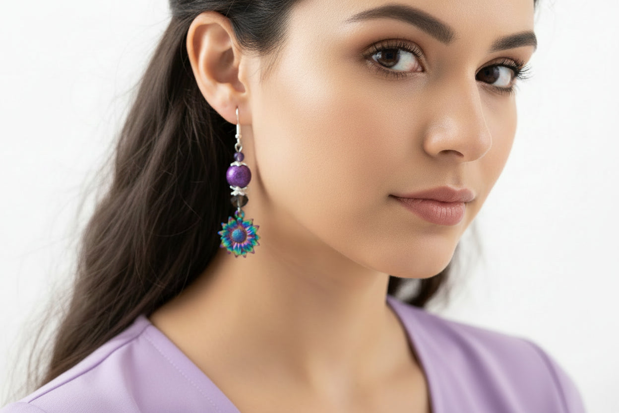 Pair of earrings with purple beads and colorful flower-shaped charms hanging on a branch.
