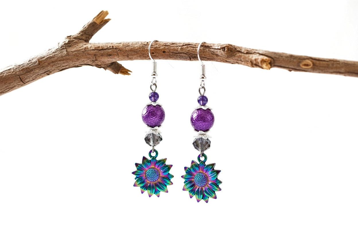 Rainbow Sunflower Earrings - Purple Lampwork & Crystal Accents