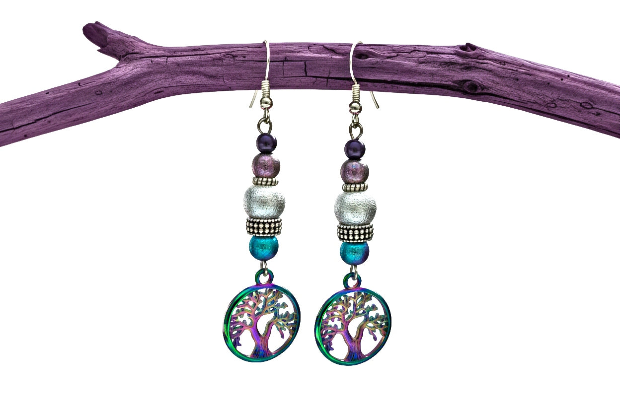 Rainbow Tree of Life Earrings with Czech Glass Beads 2.5inches