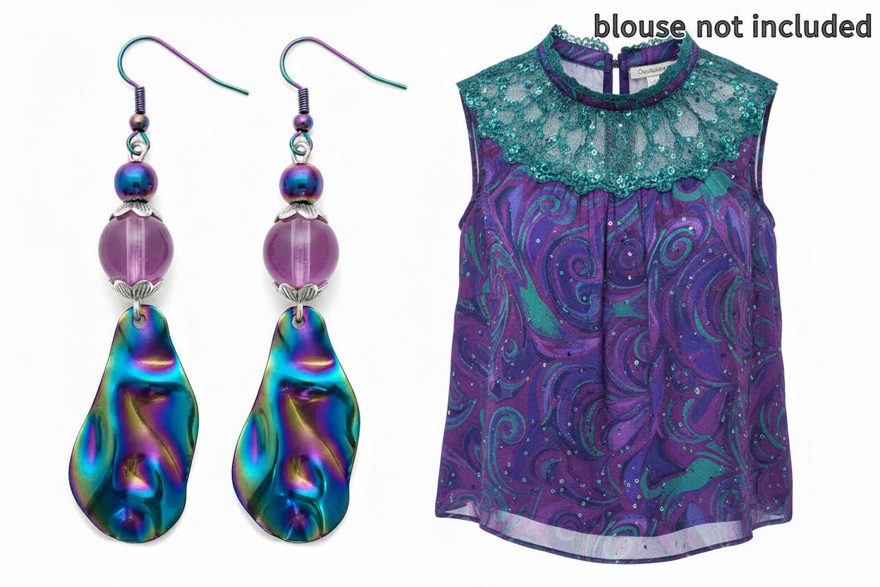 Multicolored teardrop earrings with purple beads on a white background