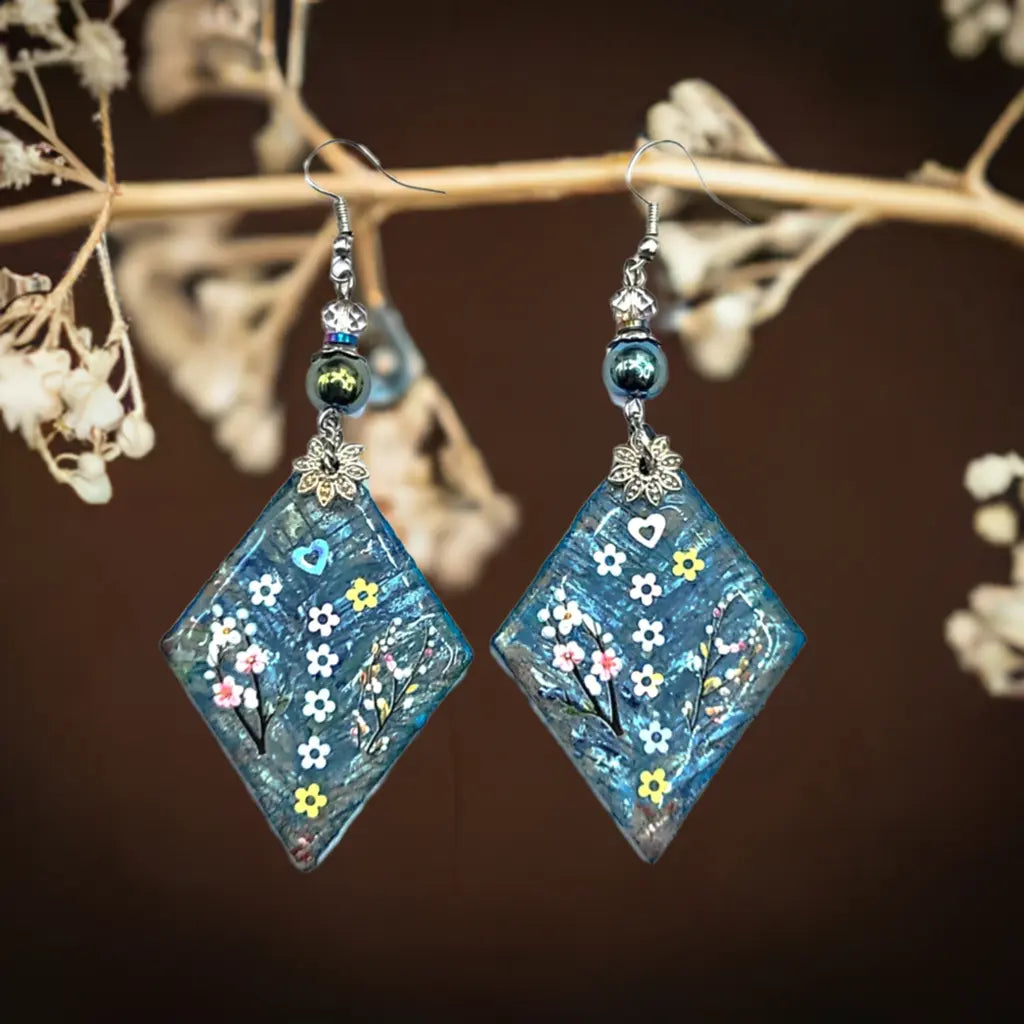 Long light wood triangle resin flowers Earrings 3.5inches