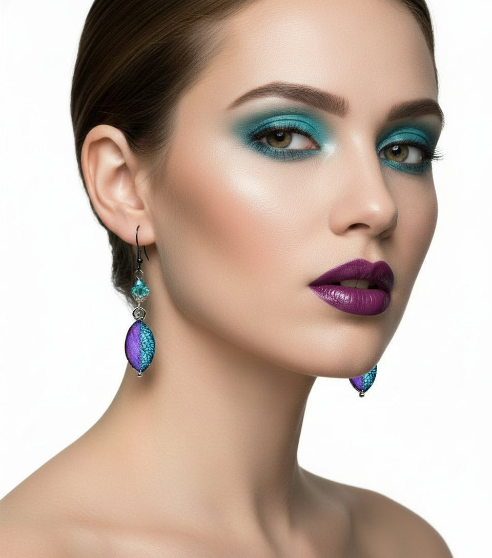 Handpainted Iridescent Earrings - Purple & Turquoise | 2.5 Inches