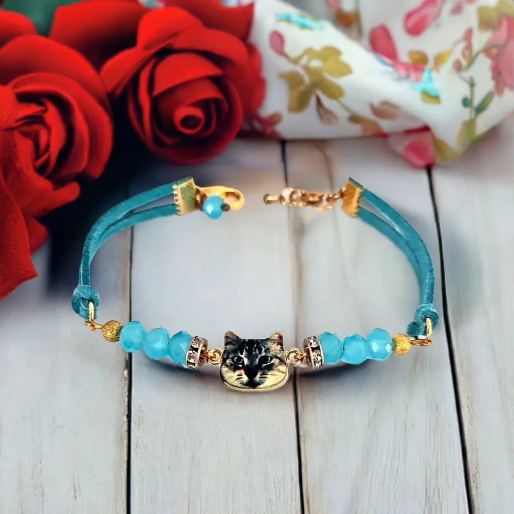 Elegant Blue Suede Bracelet with Cat Face Focal Charm