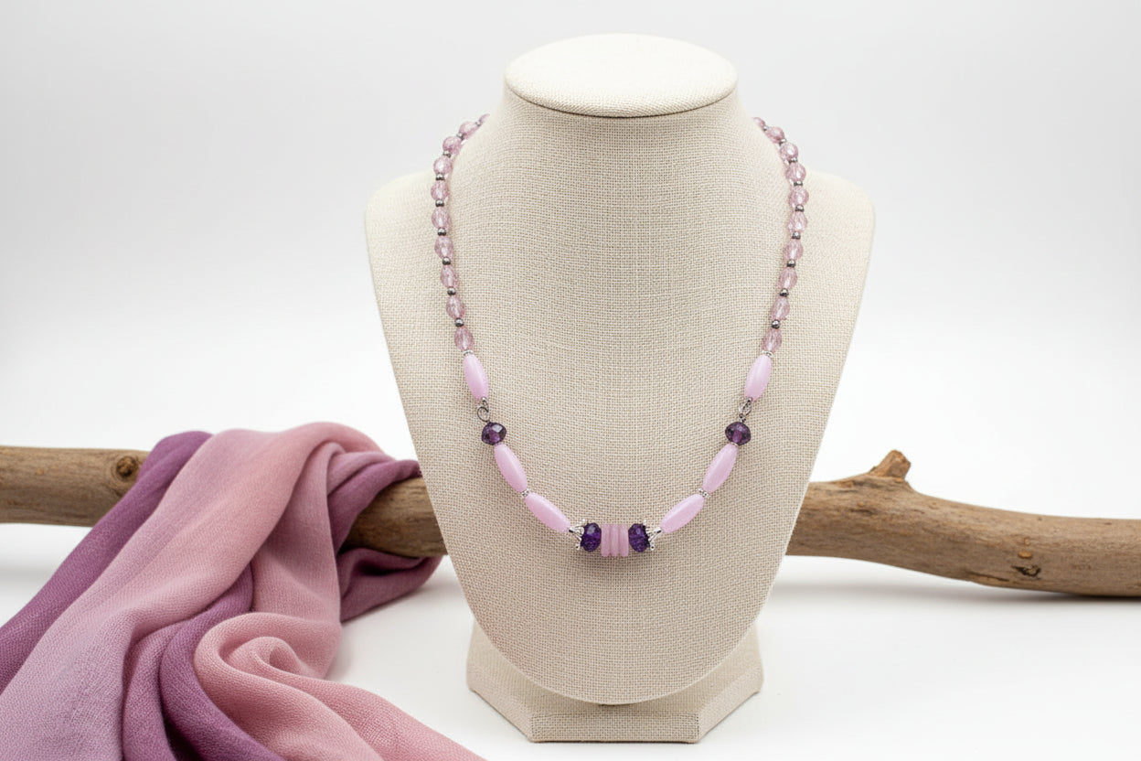 Pink Glass Beaded Necklace - 21" Vintage Toggle Clasp Purple Jewelry