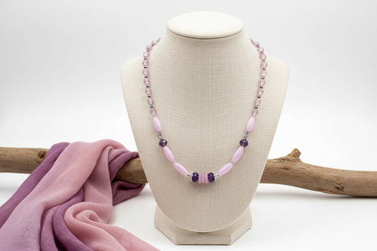 Pink Glass Beaded Necklace - 21" Vintage Toggle Clasp Purple Jewelry