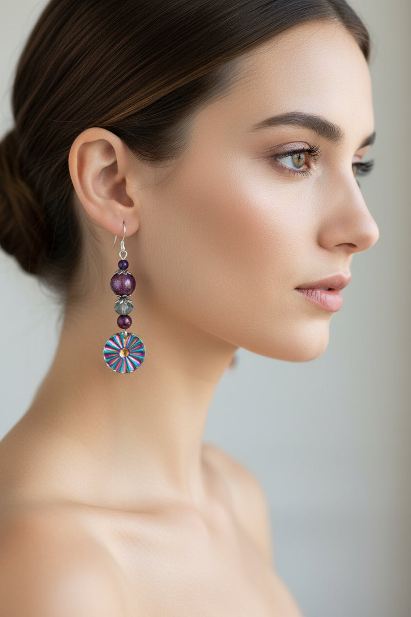 Colorful beaded earrings with circular designs on a textured surface