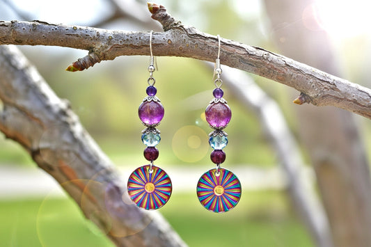 Rainbow Starburst Dangle Earrings - Glass Beads & Purple Hematite