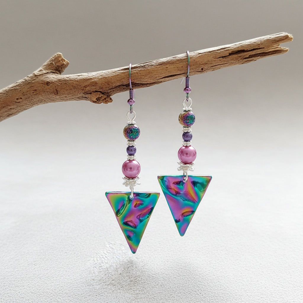 Colorful triangle-shaped earrings with beads on a light gray background