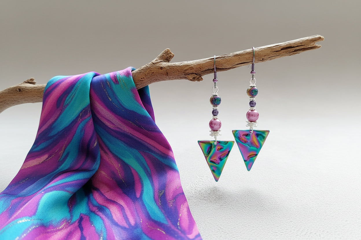 Colorful triangle-shaped earrings with beads hanging on a branch.