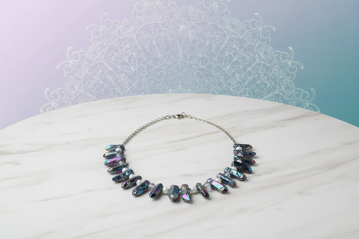 Rainbow Titanium Crystal Necklace - 23" Silver Chain with Glass Pearls