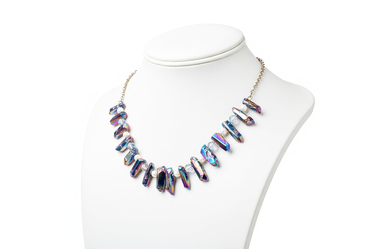Rainbow Titanium Crystal Necklace - 23" Silver Chain with Glass Pearls