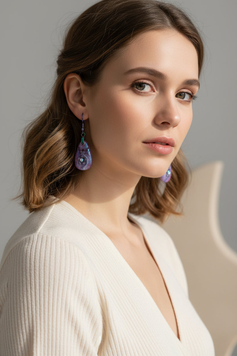 Resin Purple Earrings - Handcrafted Dangle Earrings 1.75 Inches