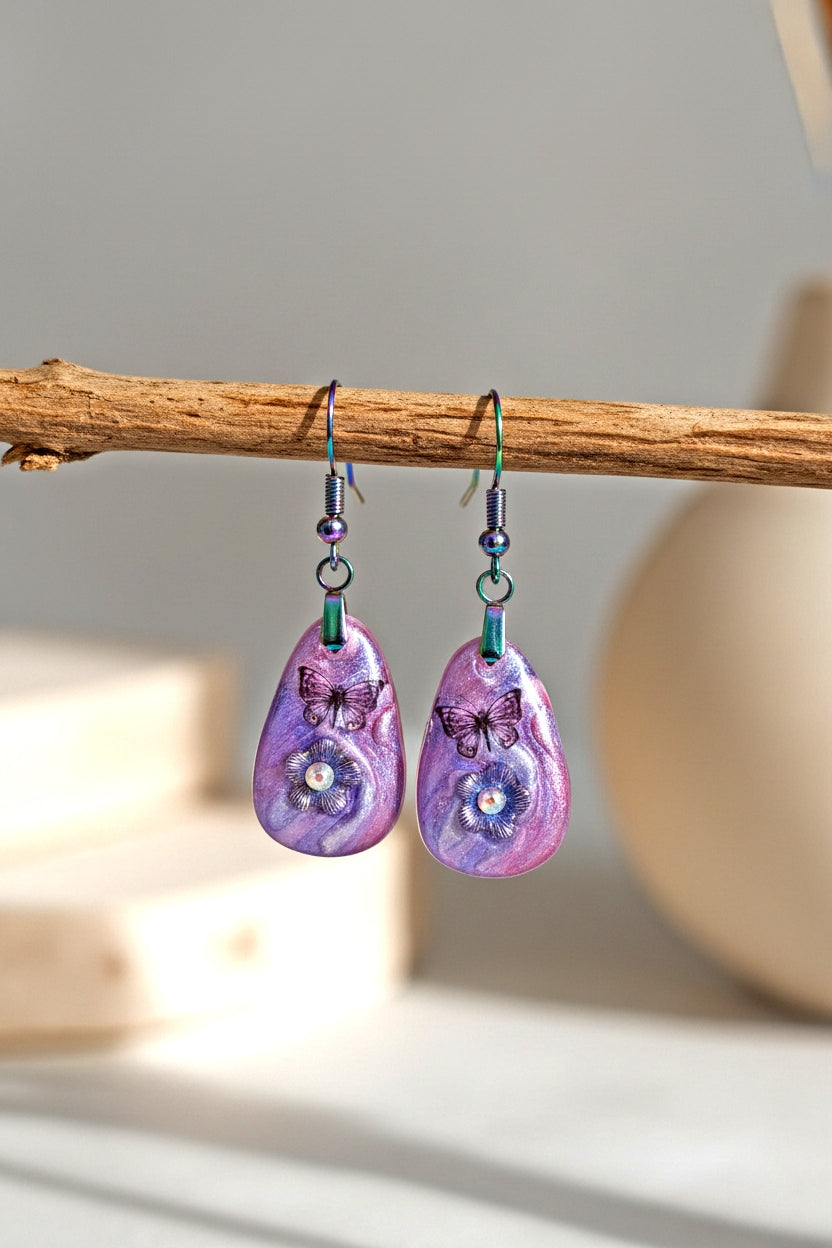 Resin Purple Earrings - Handcrafted Dangle Earrings 1.75 Inches