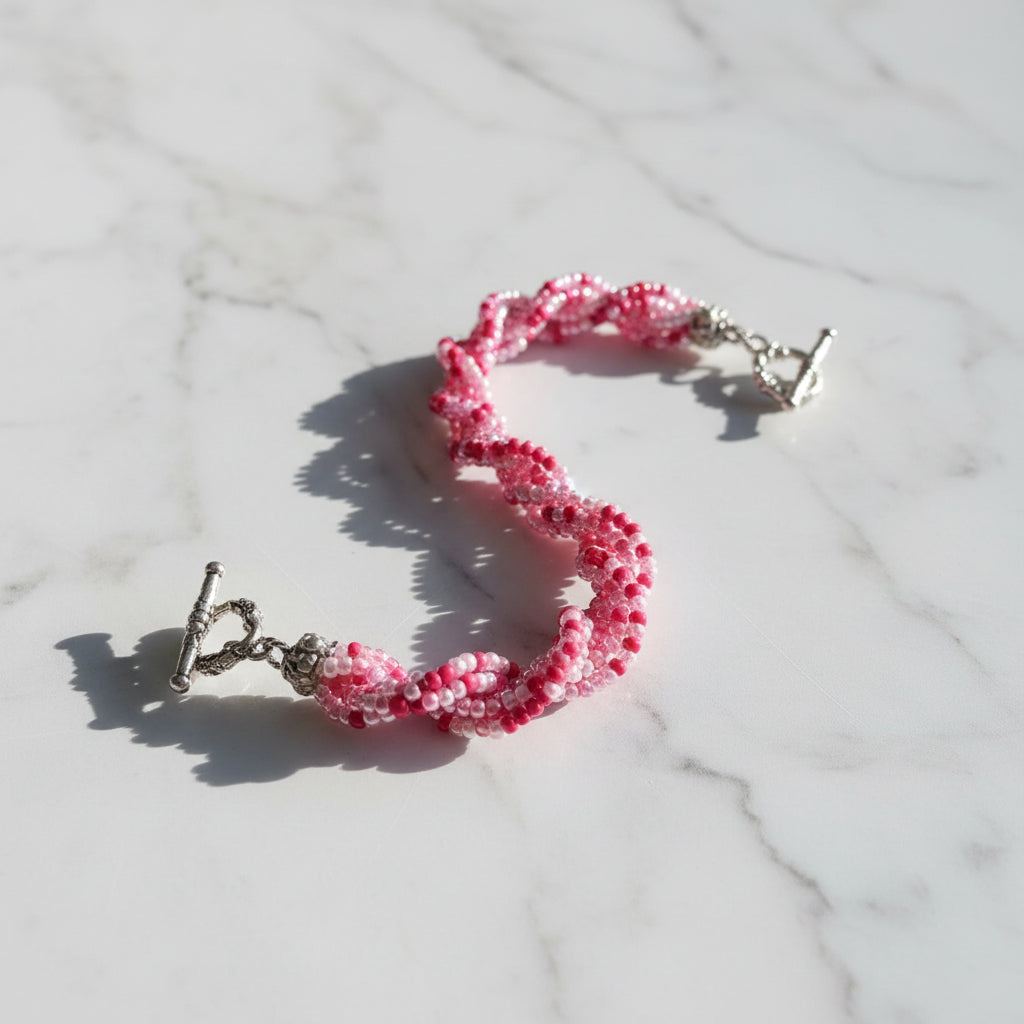 Pink Seed Bead Bracelet - 7.25 Inch Silver Toggle Clasp Bracelet