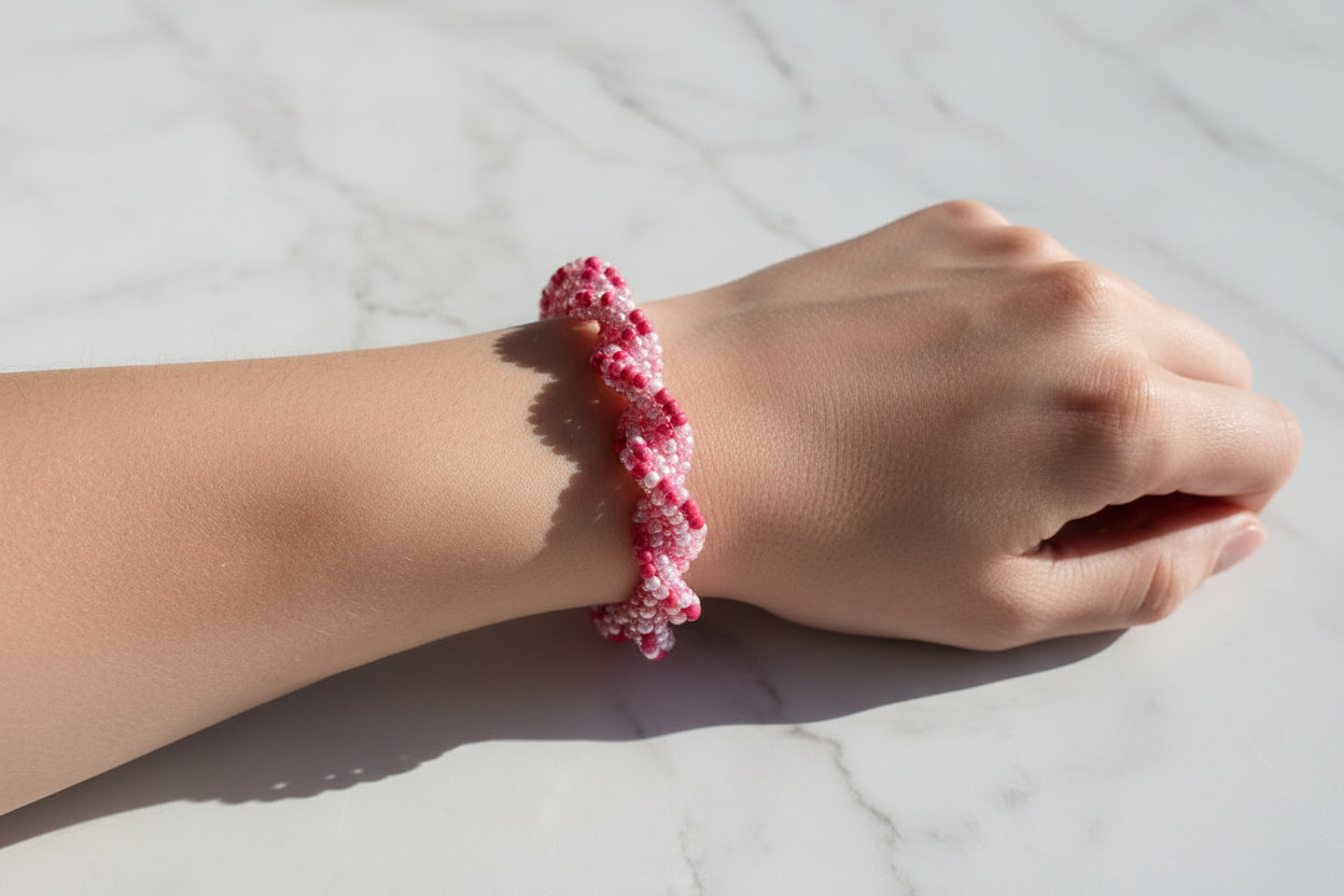 Pink Seed Bead Bracelet - 7.25 Inch Silver Toggle Clasp Bracelet