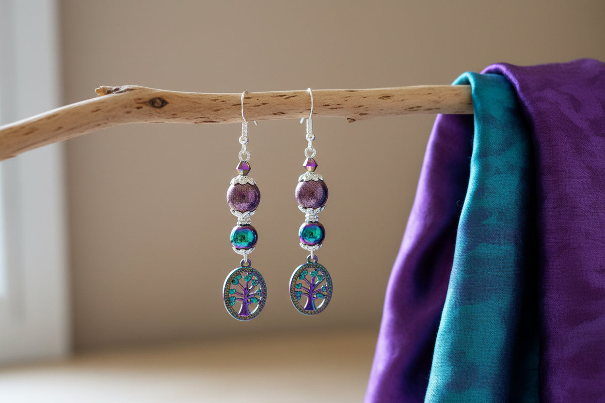 Pair of earrings with purple and blue beads on a gray background