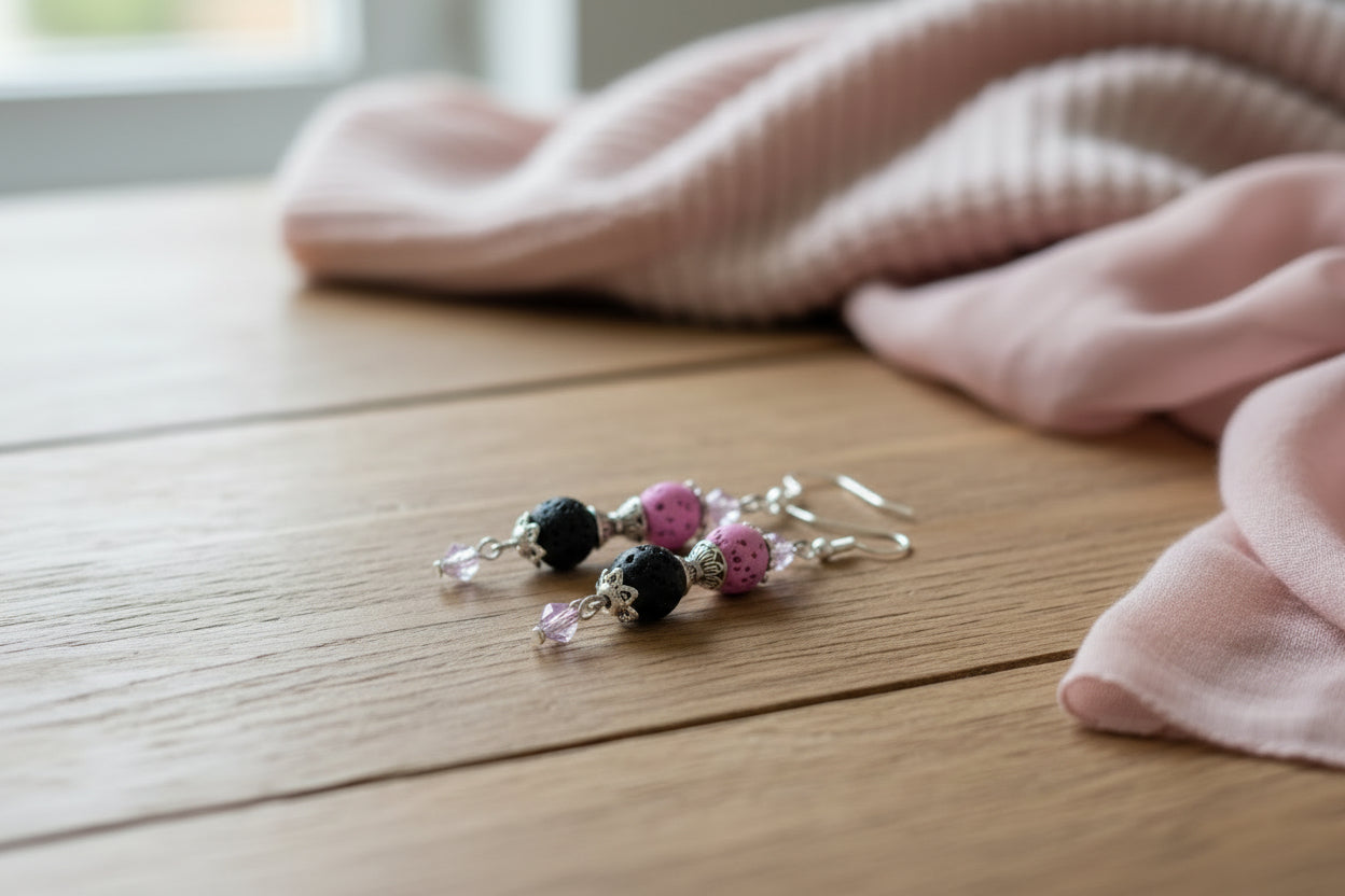Lava Bead and Crystal Earrings - Black Pink Bicone Dangle Earrings