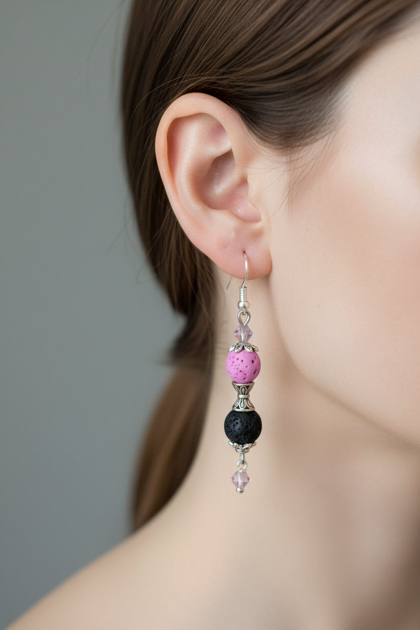 Lava Bead and Crystal Earrings - Black Pink Bicone Dangle Earrings