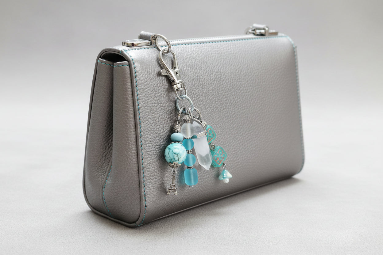 Blue Purse Charm - Silver Plated Glass Bead Bag Charm