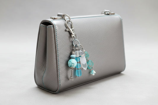 Blue Purse Charm - Silver Plated Glass Bead Bag Charm