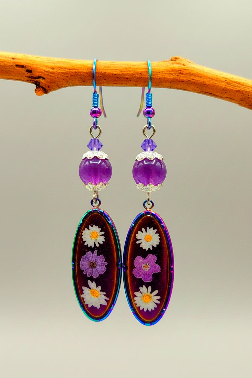Dried Flower Resin Earrings - Multicolor Rainbow Dangle Earrings