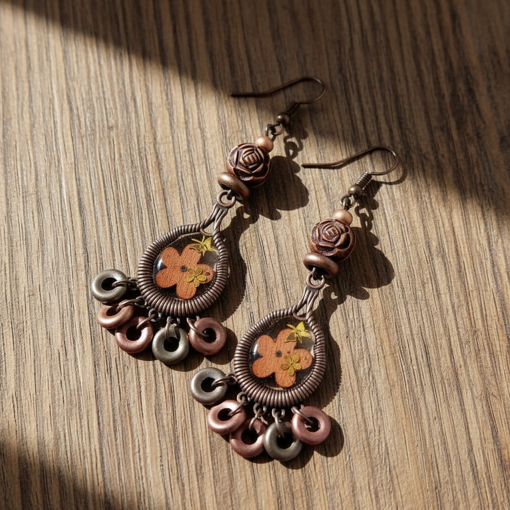 Boho Wood Bead Flower Earrings - Antique Bronze Dangle Earrings