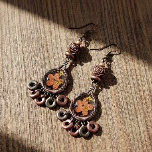Boho Wood Bead Flower Earrings - Antique Bronze Dangle Earrings