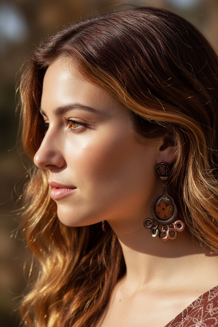 Boho Wood Bead Flower Earrings - Antique Bronze Dangle Earrings