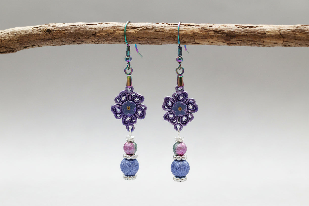 Purple Resin Dangle Earrings - Handcrafted Glass Bead Silver Earrings