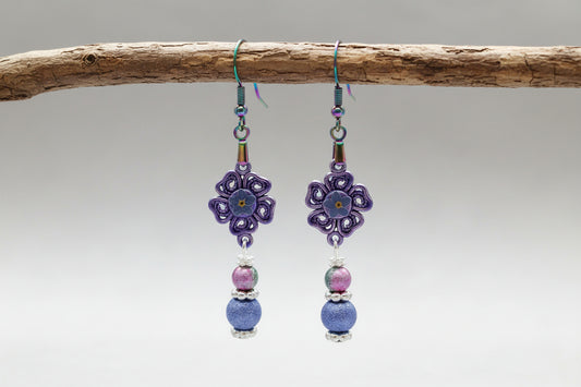 Purple Resin Dangle Earrings - Handcrafted Glass Bead Silver Earrings