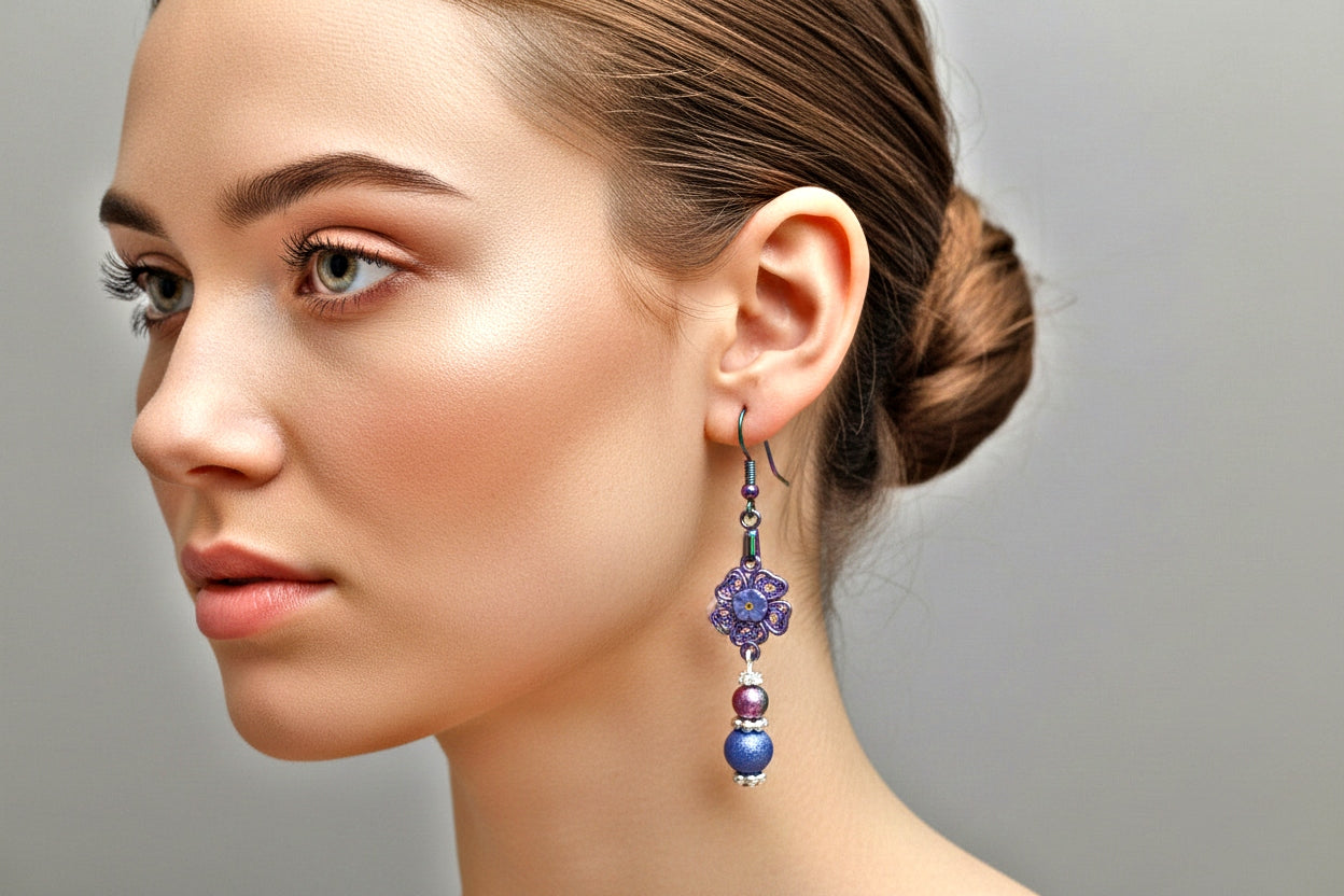 Purple Resin Dangle Earrings - Handcrafted Glass Bead Silver Earrings